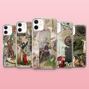 May include: Five phone cases with medieval-themed designs. Each case features a unique collage of illustrations, including knights, dragons, and floral elements. The background is a soft pink colour.