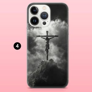 May include: A phone case featuring a black and white image of the crucifixion of Jesus Christ on a cross. The image is set against a cloudy sky and a rocky landscape. The number "4" is in a black circle in the lower left corner.