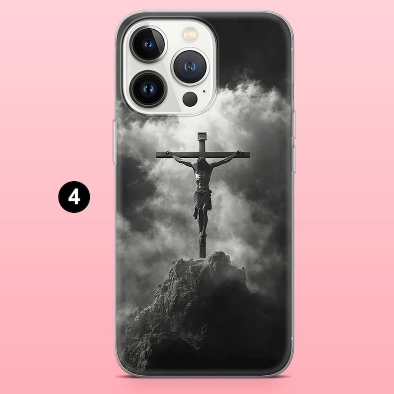 May include: A phone case featuring a black and white image of the crucifixion of Jesus Christ on a cross. The image is set against a cloudy sky and a rocky landscape. The number "4" is in a black circle in the lower left corner.