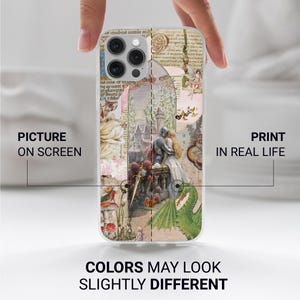 May include: A clear phone case with a medieval-themed collage design. The artwork includes a knight, a woman, and a castle, with botanical and script elements. Text reads "PICTURE ON SCREEN" and "PRINT IN REAL LIFE".