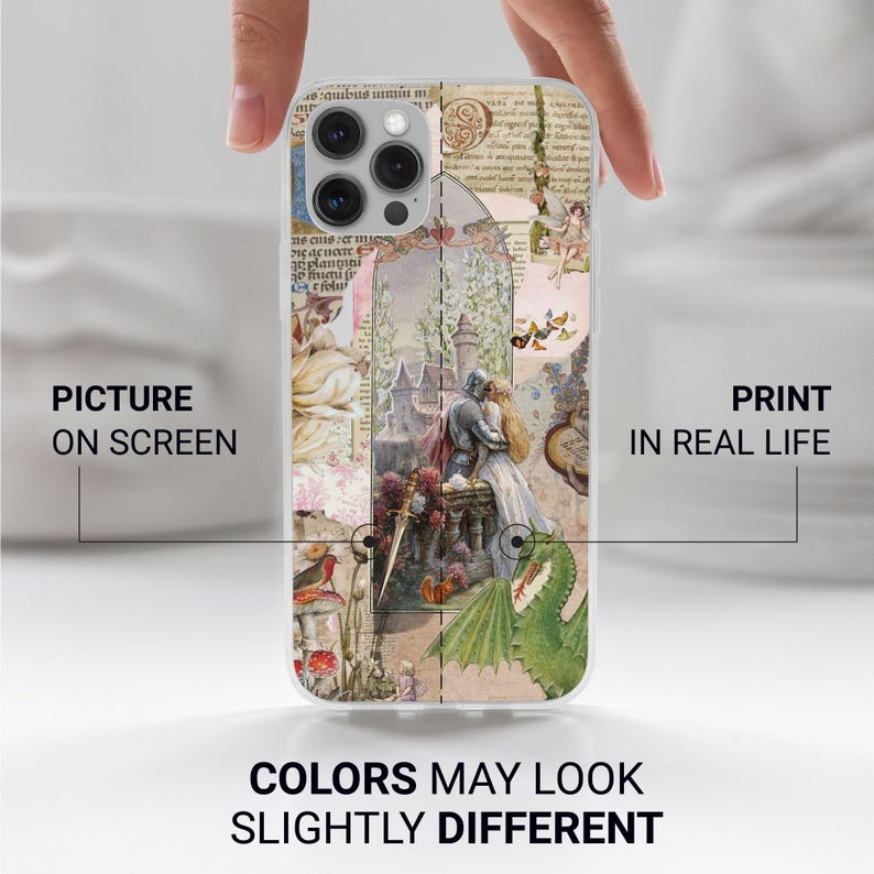 May include: A clear phone case with a medieval-themed collage design. The artwork includes a knight, a woman, and a castle, with botanical and script elements. Text reads "PICTURE ON SCREEN" and "PRINT IN REAL LIFE".