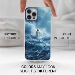 May include: A clear phone case featuring a religious image of a figure standing on water amidst a stormy sea. The case has the text "PICTURE ON SCREEN" and "PRINT IN REAL LIFE". The text "COLORS MAY LOOK SLIGHTLY DIFFERENT" is also visible.