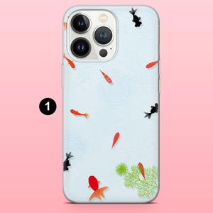 May include: A clear phone case featuring a serene design of koi fish swimming in a pond. The case has a light blue background with orange, red, and black fish, and green aquatic plants. The phone's camera lenses are visible.