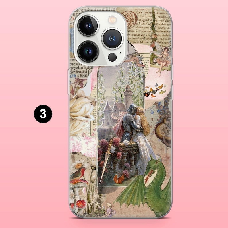 May include: A phone case with a medieval fantasy collage design. It features a knight and maiden, a dragon, butterflies, and floral elements. The case has a clear border and a pink background.