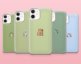 Minimalist Phone Case Cute Animal Green Aesthetic Cover for iPhone 16, 15, 14, 13, 12, Samsung S25, S24, S23, S22, A16, A55, A25, Pixel 9, 8