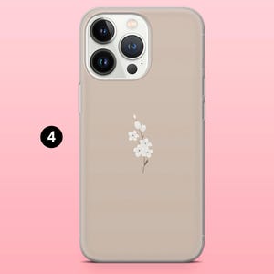 May include: A clear phone case with a beige background and a delicate white floral design. The case has a camera cutout and a black number 4 in a white circle in the upper left corner.