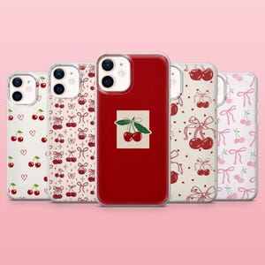 Cherry Phone Case Pink Bow Mini Cherries Cover for iPhone 16, 15, 14, 13, 12, Samsung S25, S24, S23FE, S22, A16, A55, A25, Pixel 9, 8A