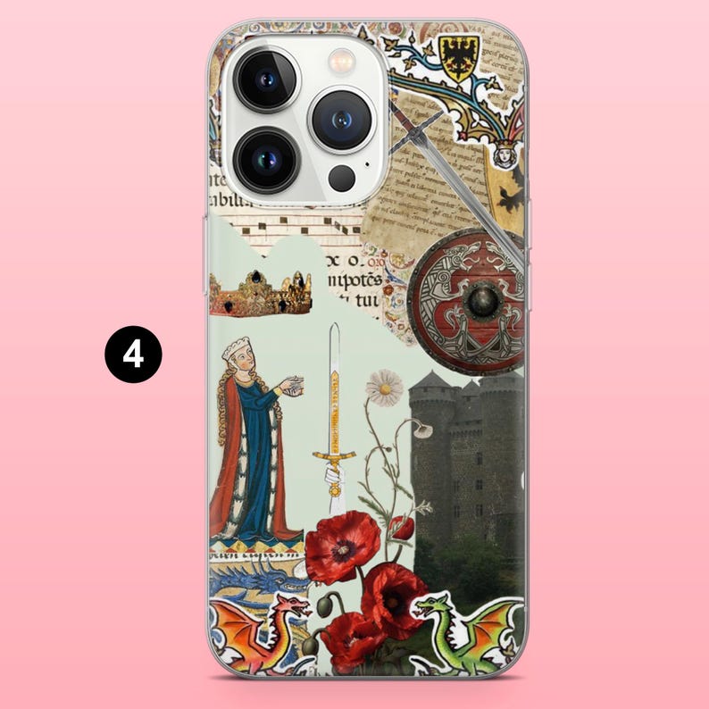 May include: Transparent phone case with a medieval collage design. It features illustrations of a queen, a castle, a sword, a shield, dragons, and poppies. The background has a parchment-like appearance with text.