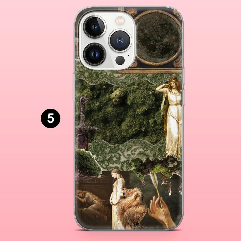 May include: Transparent phone case with a vintage art collage design. The artwork includes a green forest, a woman in a white dress, a sword, and other classical art elements. The number 5 is printed in black on the left side.