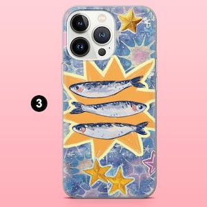 May include: A phone case featuring a whimsical design with three sardines set against a yellow burst, surrounded by gold stars and a textured blue background. The case has a glossy finish and a camera cutout.