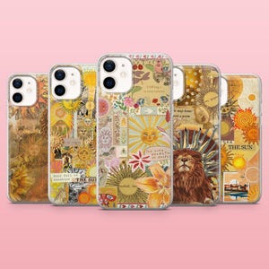 May include: Five phone cases with a collage design. The cases feature illustrations of suns, flowers, and text. The colour palette includes yellow, orange, and brown tones, with some cases having a clear background.