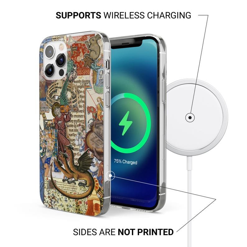 May include: A clear phone case featuring a medieval illustration. The phone is charging wirelessly, with a green lightning bolt on the screen, showing "75% Charged". The text "SUPPORTS WIRELESS CHARGING" and "SIDES ARE NOT PRINTED" are also visible on the image.