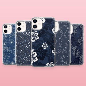 Blue Flower Phone Case Navy Blue Floral Cover for iPhone 16, 15, 14, 13, 12, Samsung S25, S24, S23FE, S22, A16, A55, A25, Pixel 9Pro, 8A