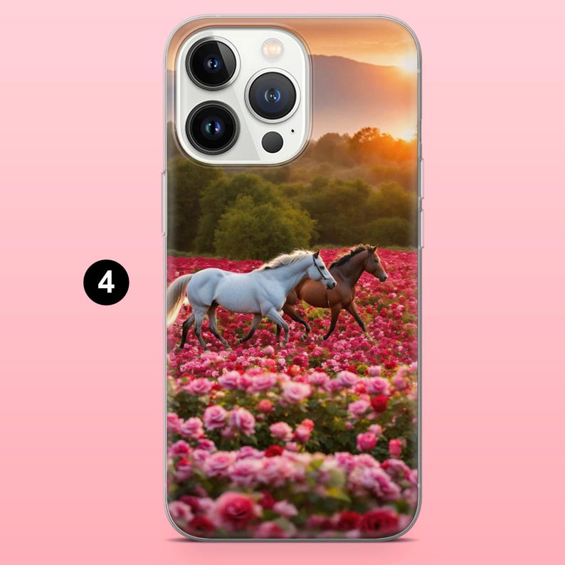 May include: A phone case with a picture of two horses running through a field of pink roses. The background shows a sunset over a treeline. The number 4 is in a black circle in the lower left corner.