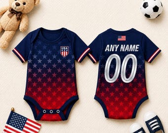 Body de bebê com estampa da seleção americana de futebol, camisa personalizada com nome e número, roupa infantil com a bandeira dos EUA, presente para bebê fã dos EUA