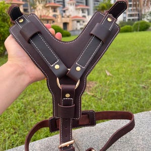 Luxury Handmade Brown Leather Dog Harness–Full Grain Cowhide Y Shaped Harness for Large Dogs, Strong Adjustable Escape Proof  Secure