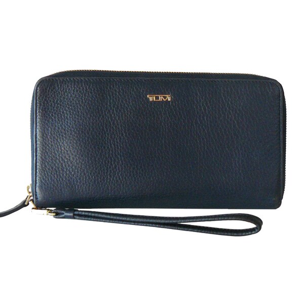 Tumi Navy Blue Leather Clutch Wallet Wristlet Travel Organizer