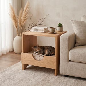 Könnte beinhalten: Eine Kombination aus hellbraunem Katzenbett und Beistelltisch. Das Bett hat eine gebogene Öffnung und ein beiges Kissen, mit einer schlafenden Tabby-Katze darin. Auf der Tischplatte befinden sich eine Tasse, Untertasse, kleine Pflanze und Bücher.