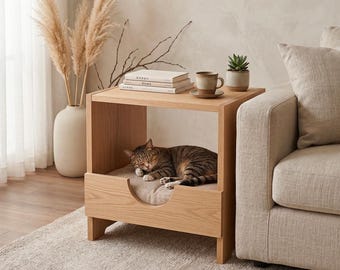 Japandi kattenhuisplattegronden – kattenmand bijzettafel, minimalistisch modern meubilair (digitale houtbewerkingsplan)