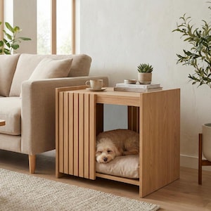 Japandi Dog Crate Plan – DIY Kennel Side Table, Small Dog House Woodworking PDF