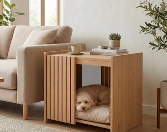 Japandi Dog Crate Plan – DIY Kennel Side Table, Small Dog House Woodworking PDF