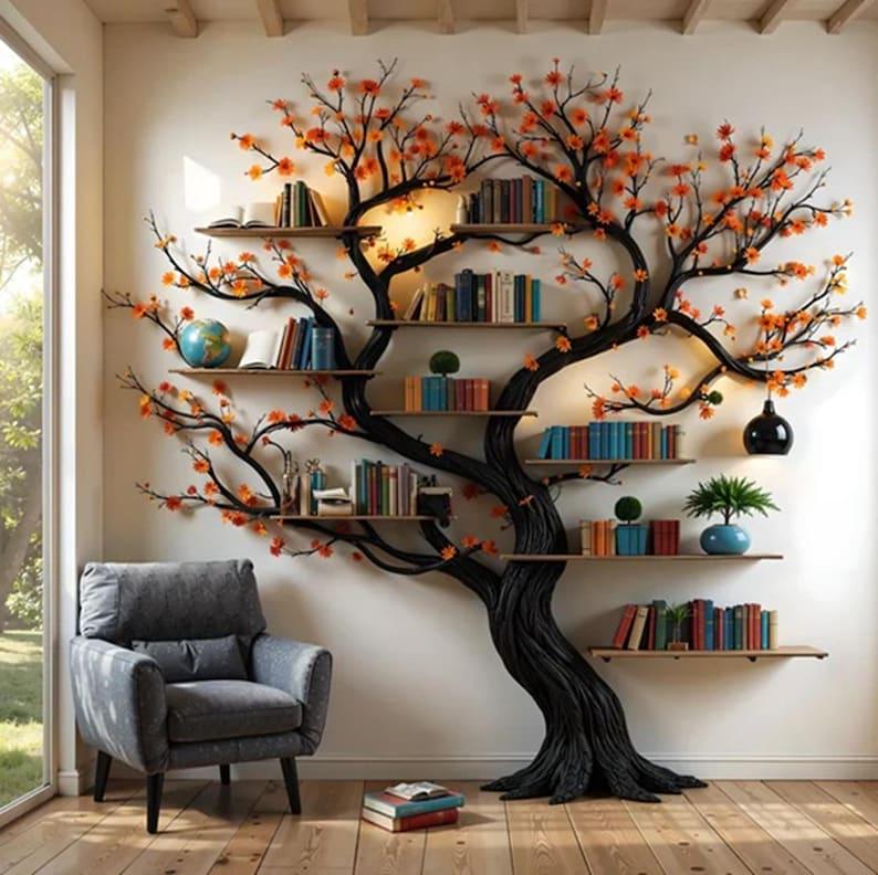 Black tree branch bookshelf wall mount floating shelf mid century bookcase montessori bookshelf handmade furniture decor 72"H×62W