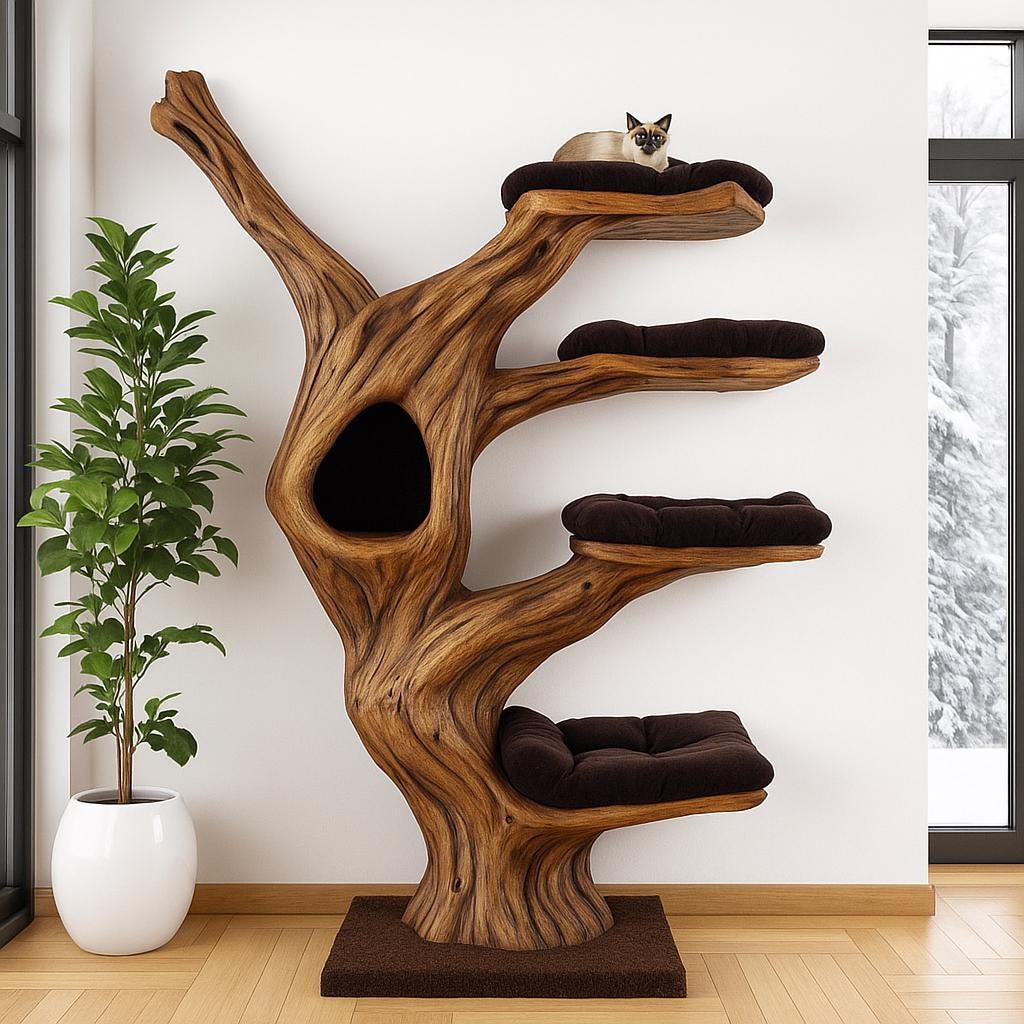 Luxury Teak Wood Cat Tree Tower – 6ft Tall Cat Furniture with Large Shelves Handmade Modern Tree Shelf for Big Cats Waterproof & Bug Treated