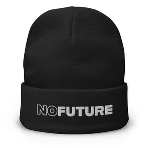 NO FUTURE Embroidered Beanie – Black Cuffed Skull Cap | Minimal Goth Streetwear