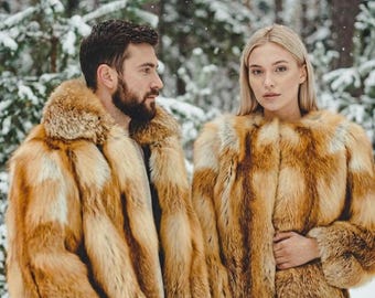Vintage Red Fox Fur Jacket, Unisex Natural Warm Winter Outerwear Coat