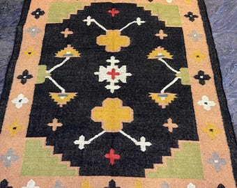 Vintage wollen jute kelimtapijt, handgeweven, wol- en jutetapijt handgemaakt, kelim dhurrie-tapijt, traditioneel Indiaas jutetapijt