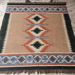 Handmade Wool Jute Kilim Rug: Bohemian Southwestern Decor