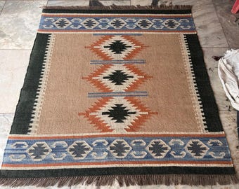 Organic Natural Fiber Dhurrie Navajo Pattern Flatweave Rug, Bohemian Rug Traditional Carpet Custom SizeRug