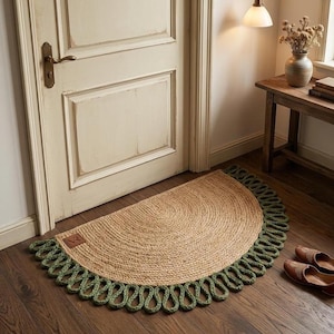 Alfombra de yute trenzada a mano en forma de media luna, felpudo natural para la entrada, alfombra de estilo bohemio.