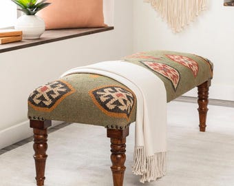 Banco Kilim plegable de madera hecho a mano - Banco de madera para alfombra Kilim - Otomana de estilo vintage tejida a mano,