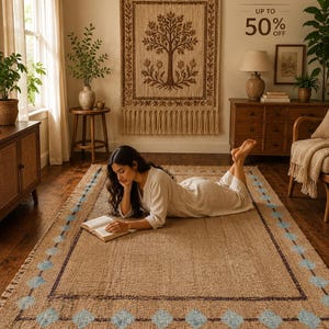May include: A rectangular woven area rug featuring a natural tan jute texture with a dark brown border and a repeating pattern of light blue diamond shapes along the perimeter. The rug includes fringe detailing on the short ends and a flat weave.
