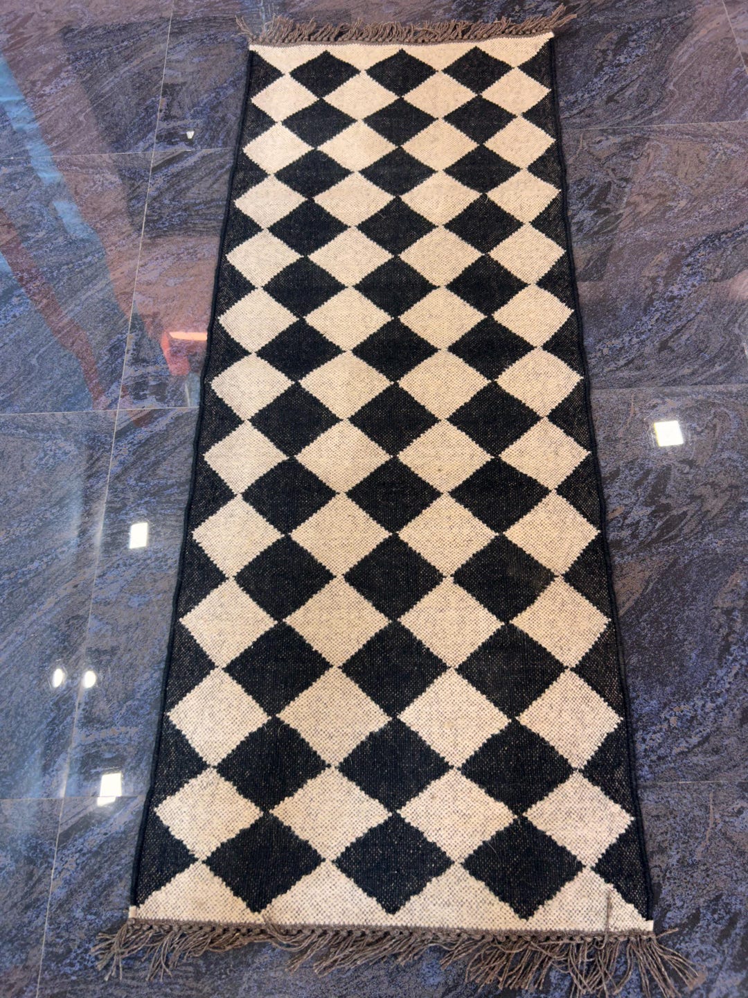 Handwoven Wool Black & White Diamond Kilim Navajo Pattern Natural Rug ...