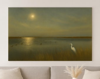 Marsh Sunrise Landscape Print: Egret and Ducks, Rustic Wall Art (Digital Download)