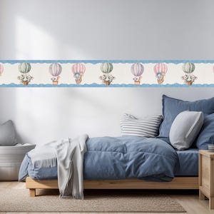 Nursery Cute Zebras and Elephants Flying in Hot Air Baloons Wall Border | Peel & Stick Wallpaper | Cute Animals | Wall Decor for Kid&#39;s Room