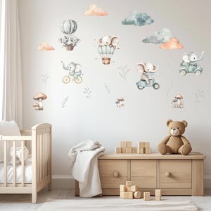 Elephant Wall Decals | Nursery Animal Wall Stickers | Baby Room Decor | Removable Vinyl Decals | Hot Air Balloon & Car Theme