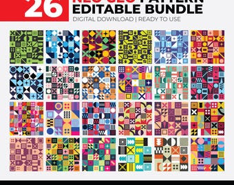 Könnte beinhalten: Ein digitales Paket mit 26 Neo-Geo-Mustern, die geometrische Formen, Sterne und Raster in verschiedenen Farbpaletten zeigen. Der Text lautet 26 NEO GEO PATTERN EDITABLE BUNDLE DIGITAL DOWNLOAD READY TO USE und SVG | EPS | PDF.