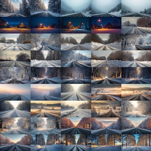 Puede incluir: Una colecci&oacute;n de fotograf&iacute;as que muestran carreteras que serpentean a trav&eacute;s de paisajes invernales. Las im&aacute;genes presentan &aacute;rboles cubiertos de nieve, carreteras y diversas condiciones clim&aacute;ticas, incluyendo niebla, luz solar y escenas nocturnas con farolas.