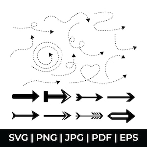 Puede incluir: Una colección de flechas negras en varios estilos, incluyendo diseños sólidos, punteados y estilizados. Las flechas apuntan en diferentes direcciones, algunas curvas y otras rectas. La imagen también incluye el texto "SVG | PNG | JPG | PDF | EPS" en la parte inferior.