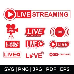 Peut inclure: Plusieurs graphiques "Live Streaming" rouges et blancs. Les motifs incluent un bouton de lecture, une caméra vidéo et les mots "Live" et "Streaming" dans diverses mises en page. Le bas de l'image affiche les options de format de fichier : SVG, PNG, JPG, PDF et EPS.
