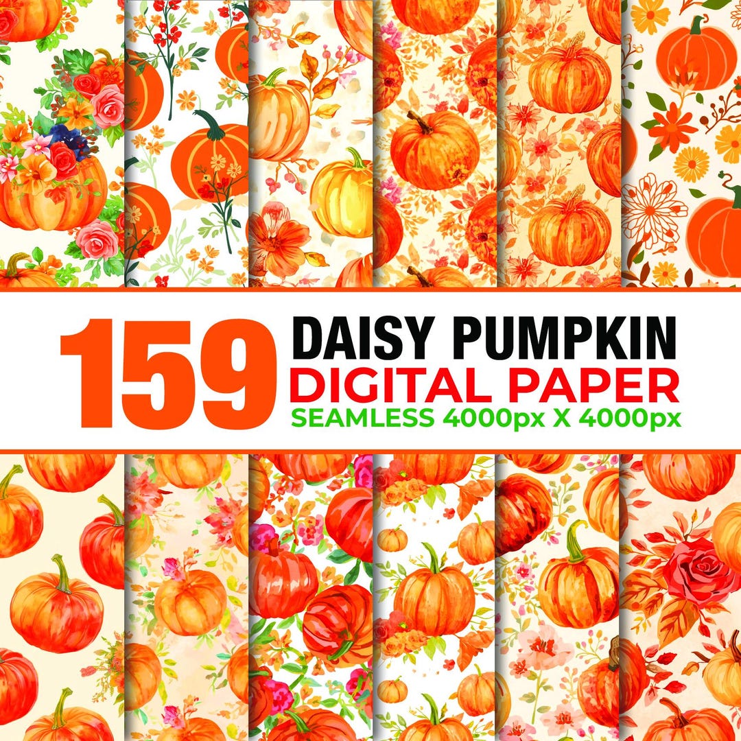 Floral Pumpkin Seamless Paper, Autumn Daisy Patterns (digital Download ...