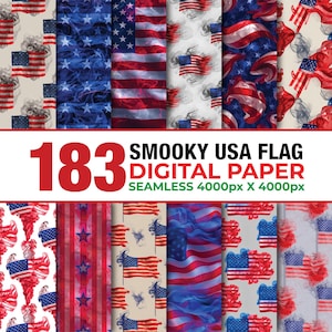 May include: A collection of digital papers featuring various designs of the American flag. The designs include abstract and realistic representations in red, white, and blue. The image also includes the text "183 SMOOKY USA FLAG DIGITAL PAPER SEAMLESS 4000px X 4000px."