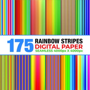 Pode incluir: Um conjunto de papel digital com 175 padrões de listras arco-íris. A imagem mostra desenhos de listras verticais em cores vibrantes, incluindo vermelho, laranja, amarelo, verde, azul e roxo. O texto diz "RAINBOW STRIPES DIGITAL PAPER SEAMLESS 4000px X 4000px".