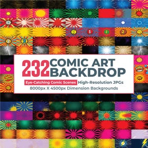 May include: A collection of 232 comic art backdrops in various colors and designs. The image includes text that reads "232 Comic Art Backdrop" and "Eye-Catching Comic Scenes High-Resolution JPGs 8000px X 4500px Dimension Backgrounds."