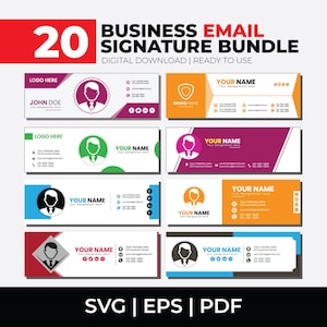 Könnte beinhalten: Ein digitales Download-Paket mit 20 Geschäftsvorlagen für E-Mail-Signaturen. Die Designs weisen verschiedene Farbschemata auf, darunter Lila, Grün, Orange und Blau. Jede Vorlage enthält Platz für ein Logo, einen Namen und Kontaktinformationen. Der Text "SVG | EPS | PDF" ist ebenfalls enthalten.