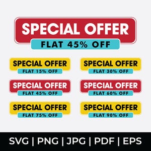 May include: A graphic with multiple "SPECIAL OFFER" labels in red and yellow, each with a "FLAT" discount percentage. Discounts range from 15% to 90% off. File type options are listed at the bottom: SVG, PNG, JPG, PDF, and EPS.