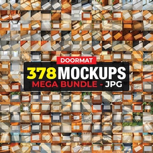 以下が含まれることがあります： さまざまなデザインとテクスチャを示す、玄関マットのモックアップのグリッド。画像には、太字でカラフルな文字で「DOORMAT」と「378 MOCKUPS MEGA BUNDLE - JPG」というテキストが表示されています。玄関マットは、木材やコンクリートなど、さまざまな表面に表示されています。